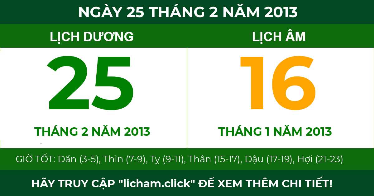 lịch âm ngày 25 tháng 2 năm 2013
