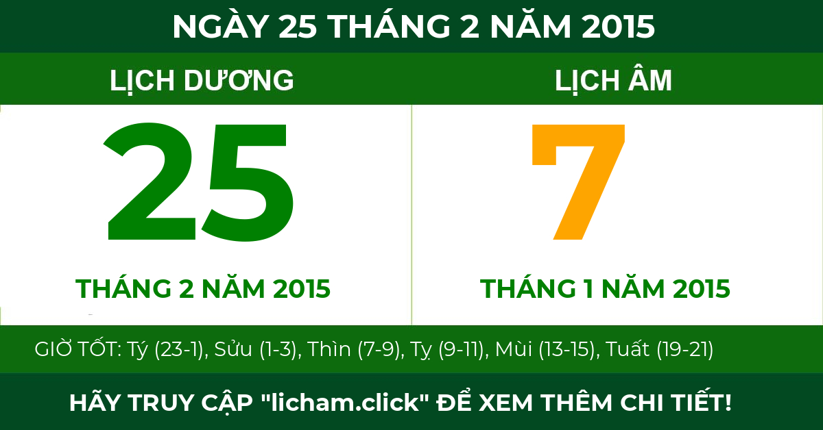 lịch âm ngày 25 tháng 2 năm 2015