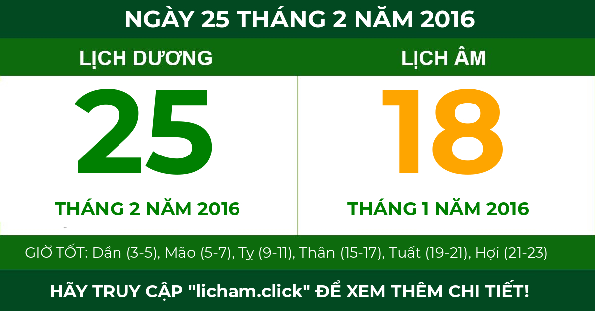 lịch âm ngày 25 tháng 2 năm 2016
