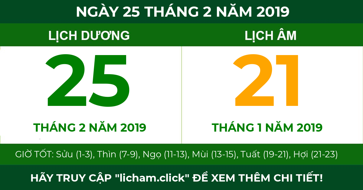 lịch âm ngày 25 tháng 2 năm 2019