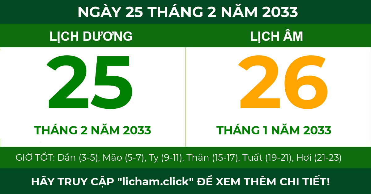 lịch âm ngày 25 tháng 2 năm 2033