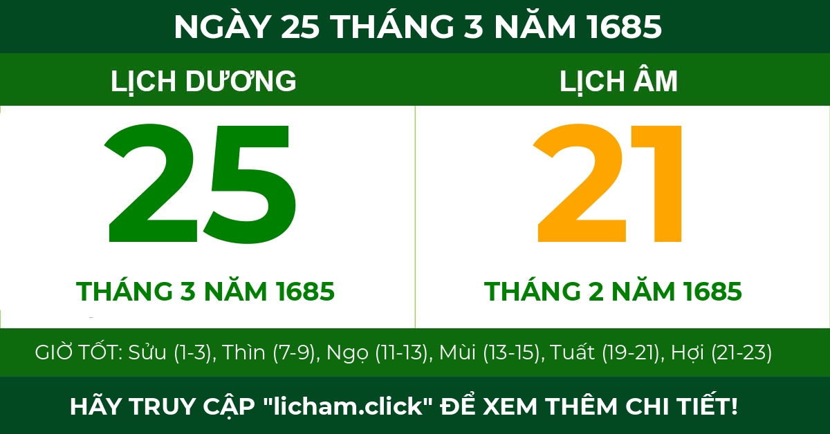 lịch âm ngày 25 tháng 3 năm 1685