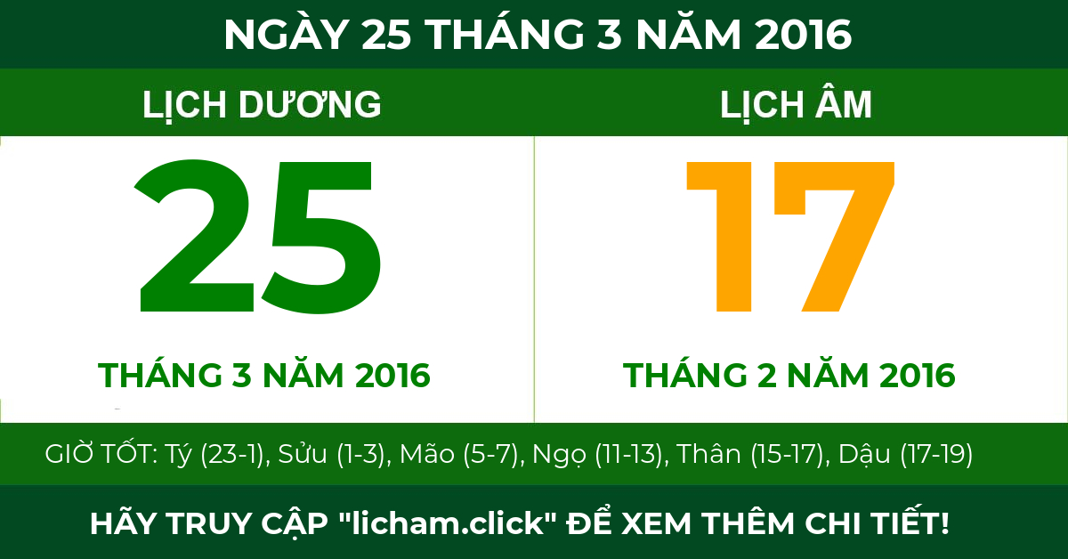 lịch âm ngày 25 tháng 3 năm 2016