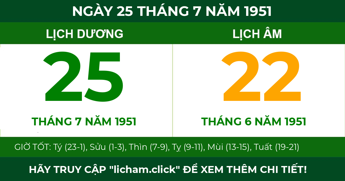 lịch âm ngày 25 tháng 7 năm 1951