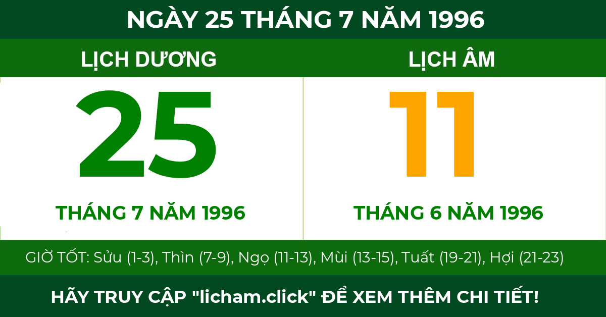 lịch âm ngày 25 tháng 7 năm 1996