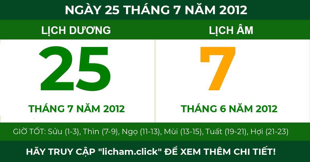 lịch âm ngày 25 tháng 7 năm 2012