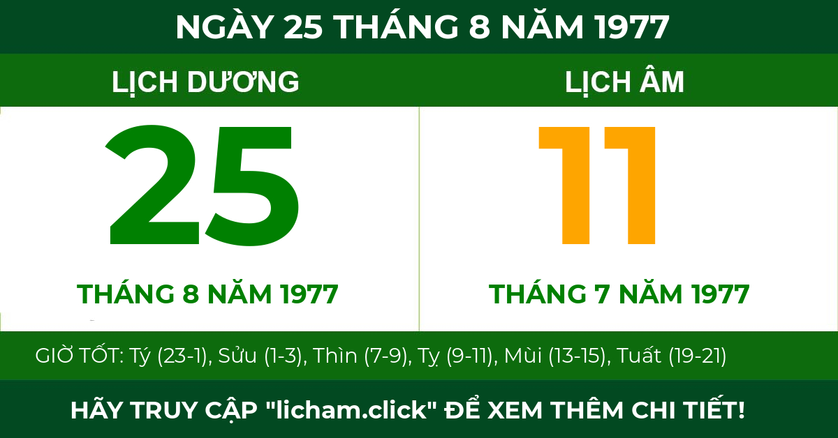 lịch âm ngày 25 tháng 8 năm 1977