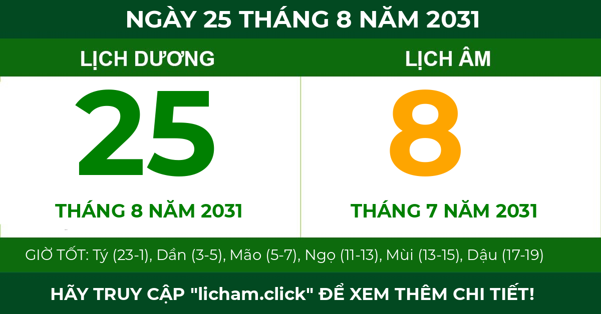 lịch âm ngày 25 tháng 8 năm 2031