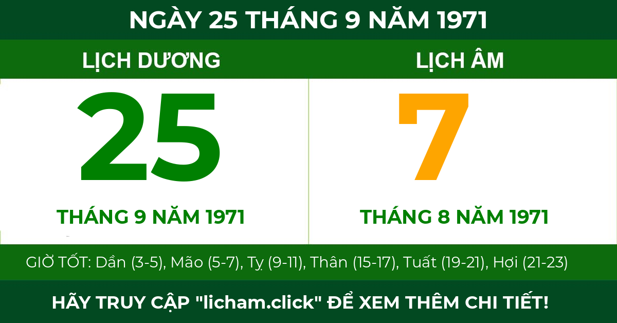 lịch âm ngày 25 tháng 9 năm 1971