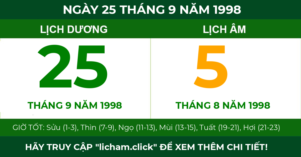 lịch âm ngày 25 tháng 9 năm 1998