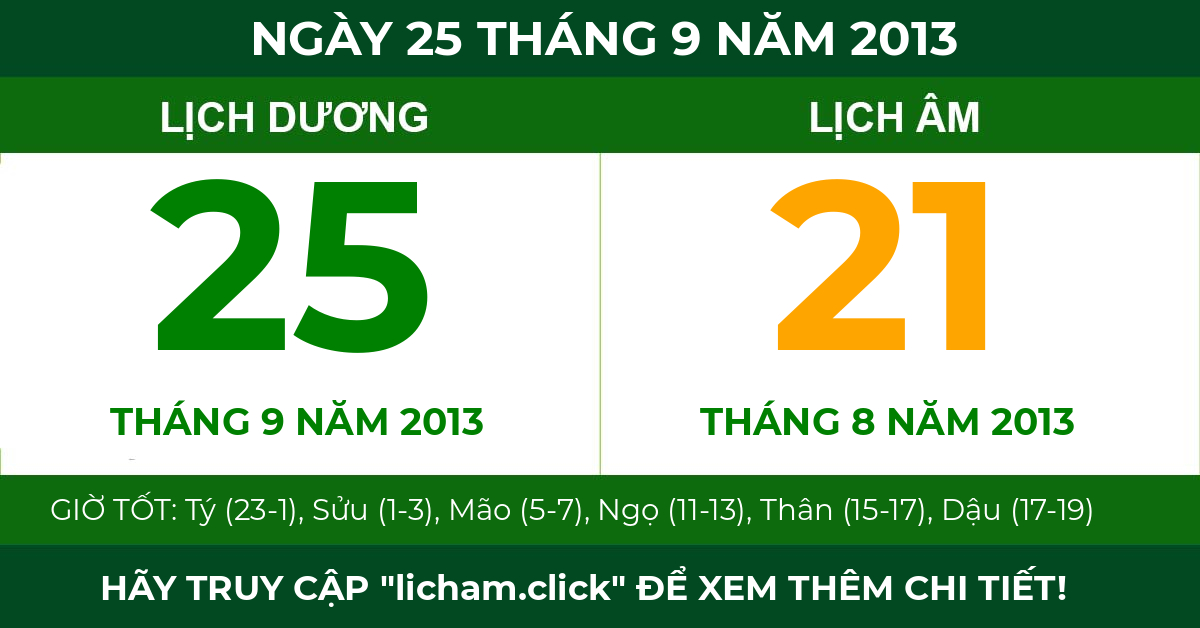 lịch âm ngày 25 tháng 9 năm 2013