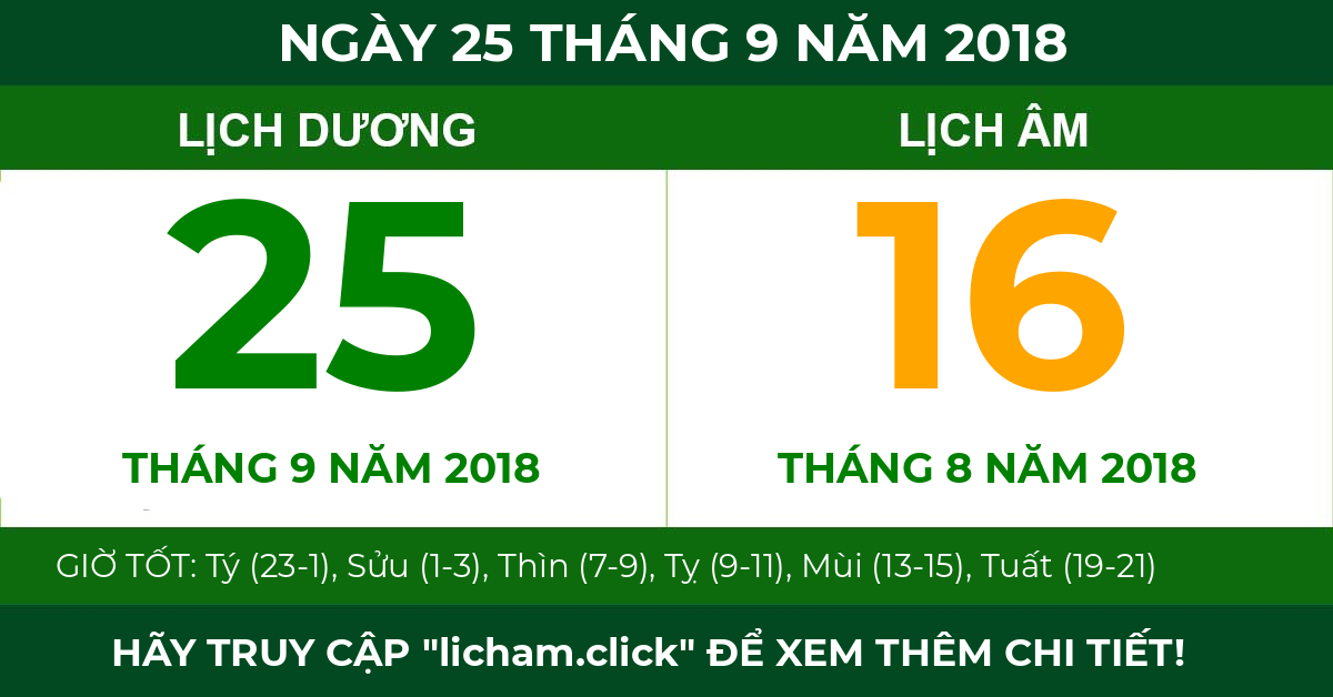 lịch âm ngày 25 tháng 9 năm 2018