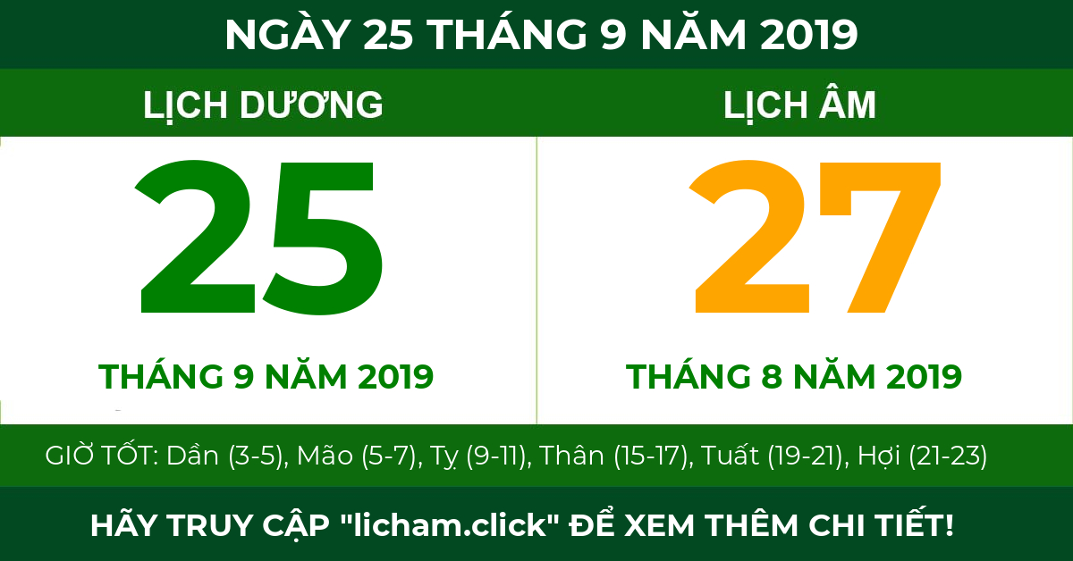 lịch âm ngày 25 tháng 9 năm 2019