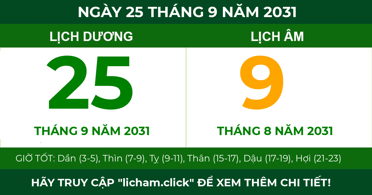 lịch âm ngày 25 tháng 9 năm 2031