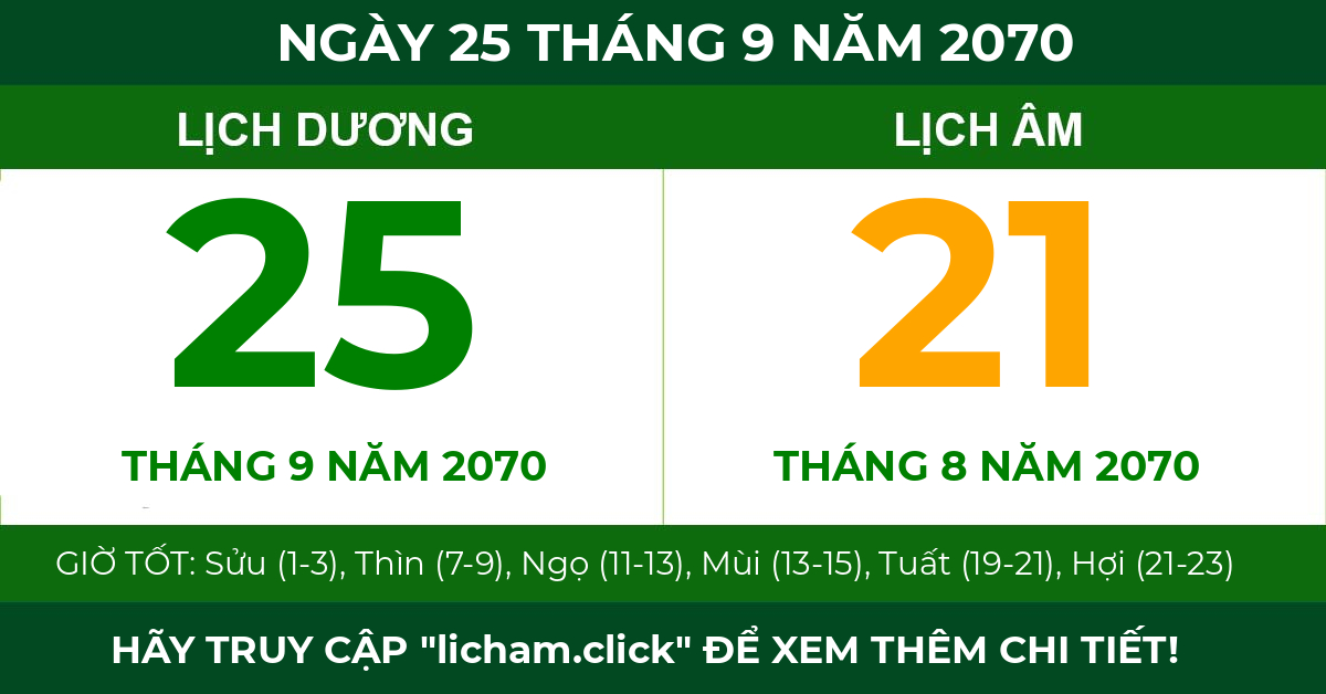 lịch âm ngày 25 tháng 9 năm 2070
