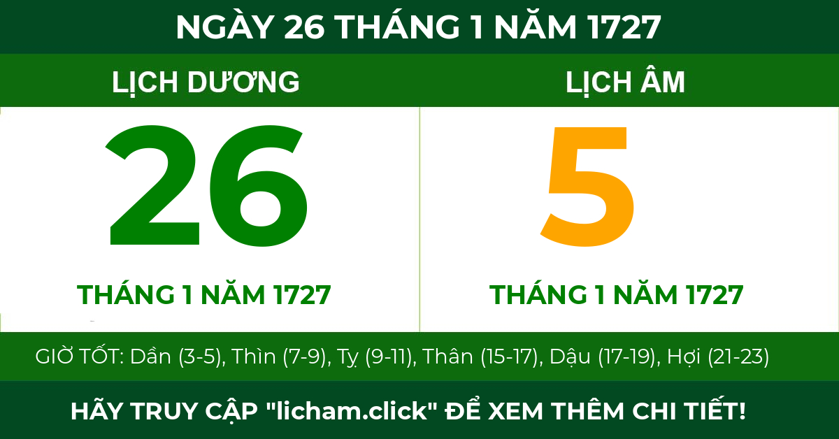 lịch âm ngày 26 tháng 1 năm 1727