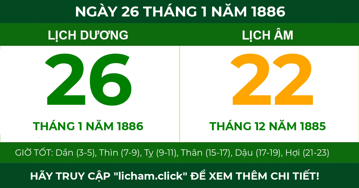 lịch âm ngày 26 tháng 1 năm 1886