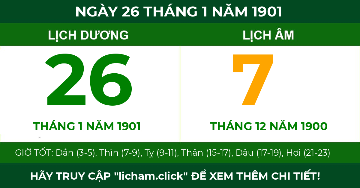 lịch âm ngày 26 tháng 1 năm 1901