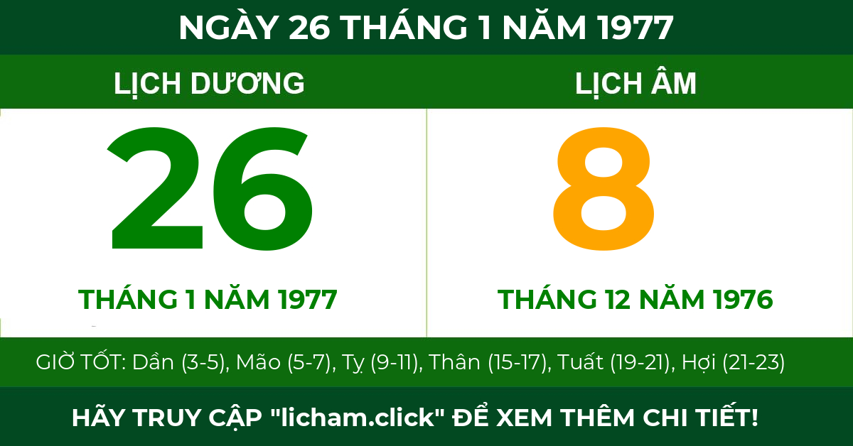 lịch âm ngày 26 tháng 1 năm 1977