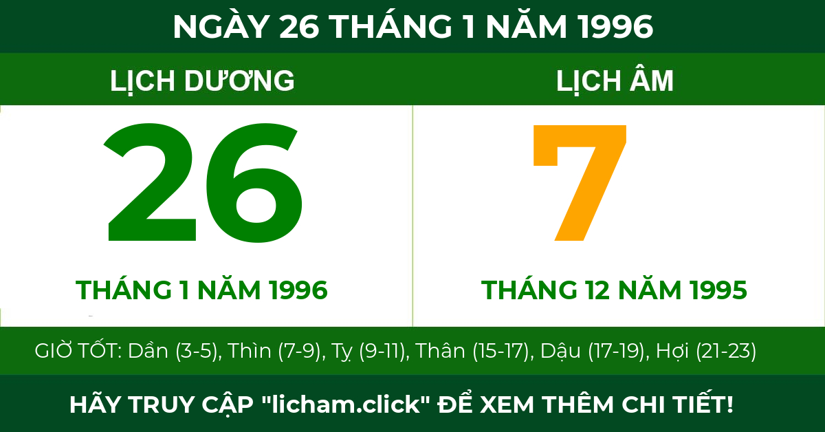 lịch âm ngày 26 tháng 1 năm 1996