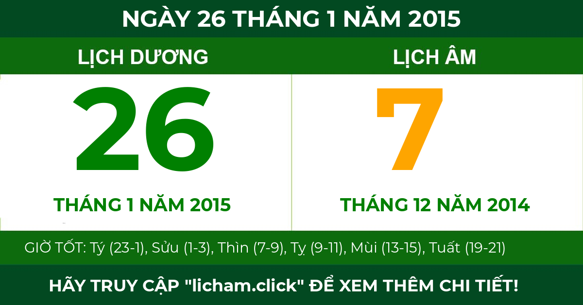 lịch âm ngày 26 tháng 1 năm 2015