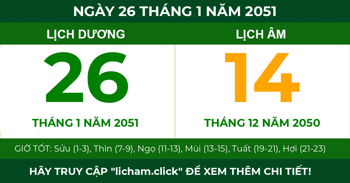 lịch âm ngày 26 tháng 1 năm 2051