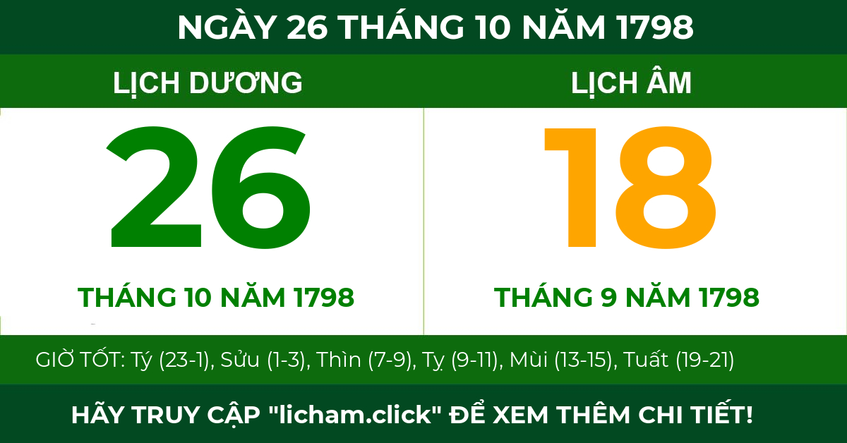 lịch âm ngày 26 tháng 10 năm 1798