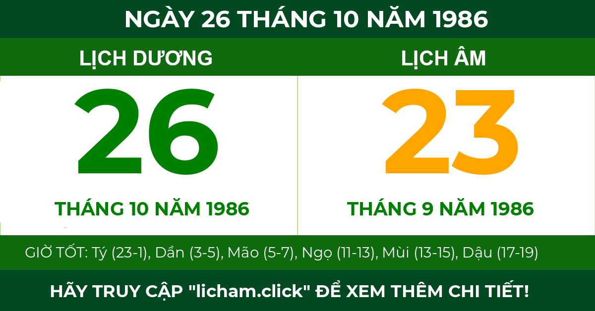 lịch âm ngày 26 tháng 10 năm 1986