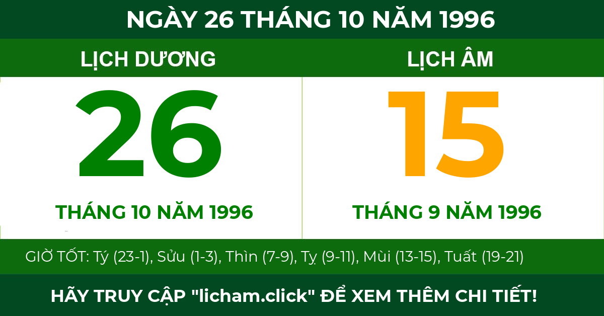 lịch âm ngày 26 tháng 10 năm 1996