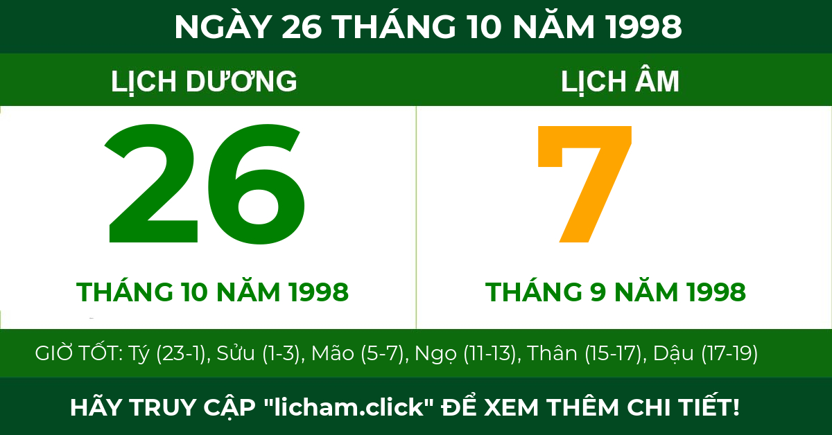 lịch âm ngày 26 tháng 10 năm 1998