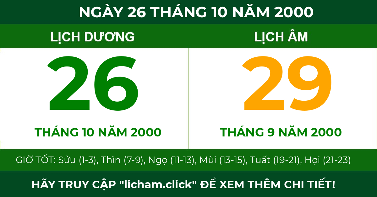 lịch âm ngày 26 tháng 10 năm 2000
