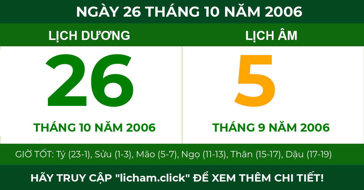 lịch âm ngày 26 tháng 10 năm 2006