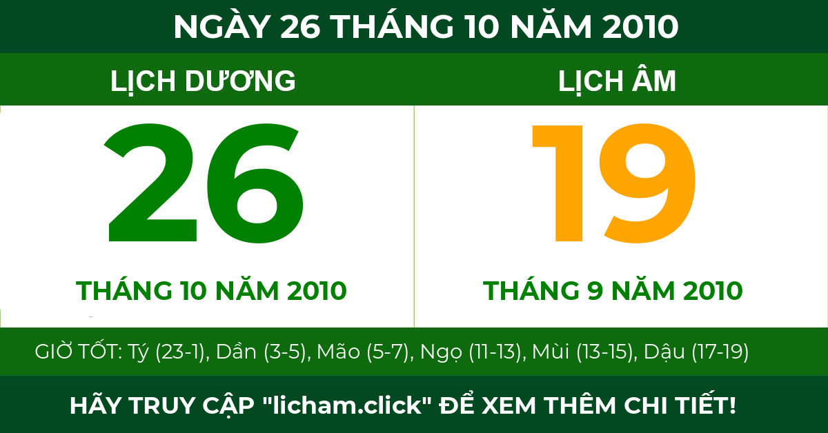 lịch âm ngày 26 tháng 10 năm 2010