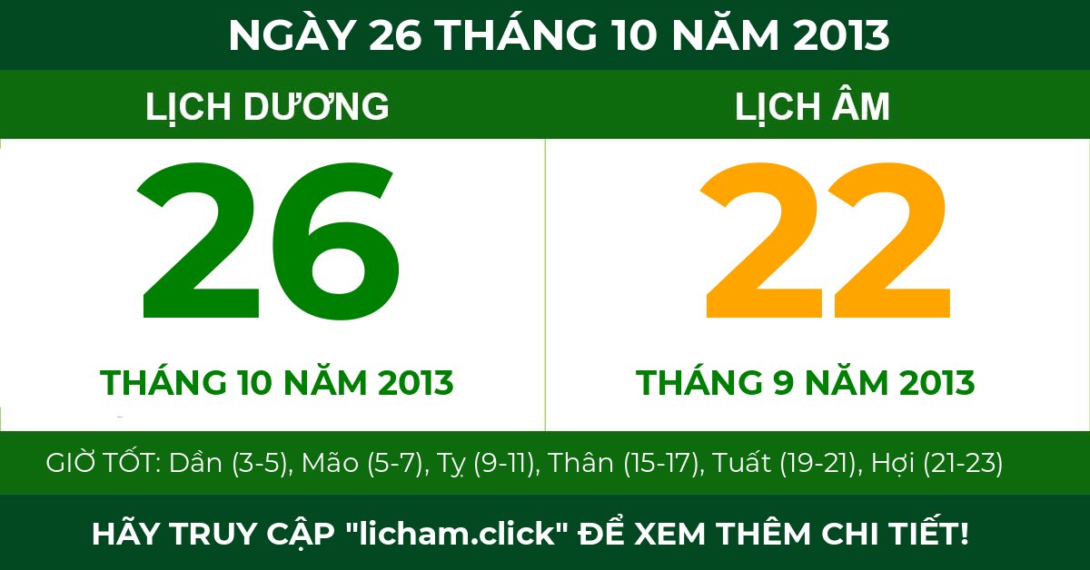 lịch âm ngày 26 tháng 10 năm 2013