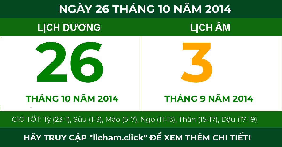 lịch âm ngày 26 tháng 10 năm 2014