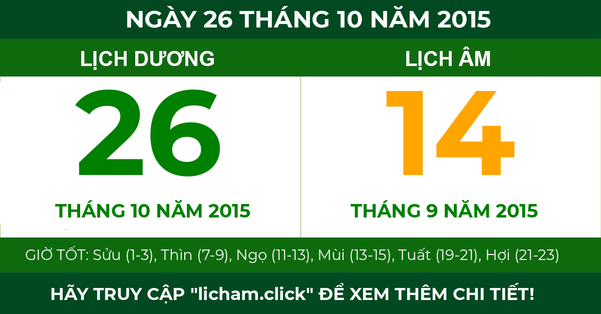 lịch âm ngày 26 tháng 10 năm 2015