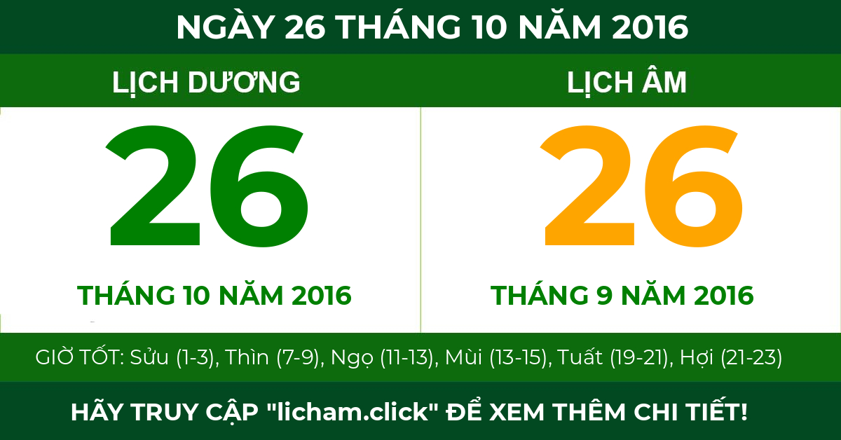 lịch âm ngày 26 tháng 10 năm 2016