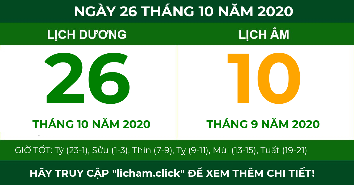 lịch âm ngày 26 tháng 10 năm 2020