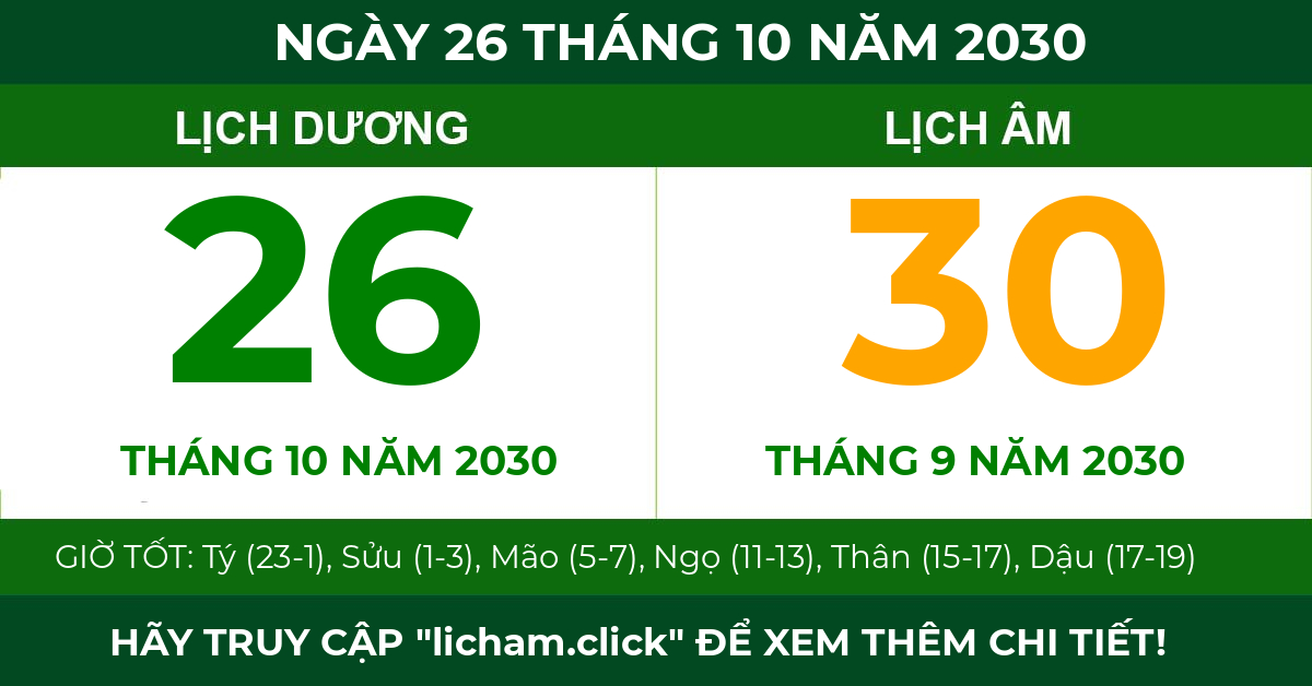 lịch âm ngày 26 tháng 10 năm 2030
