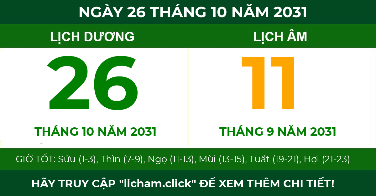 lịch âm ngày 26 tháng 10 năm 2031