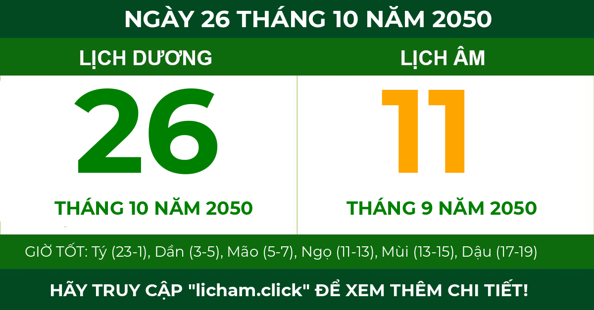 lịch âm ngày 26 tháng 10 năm 2050