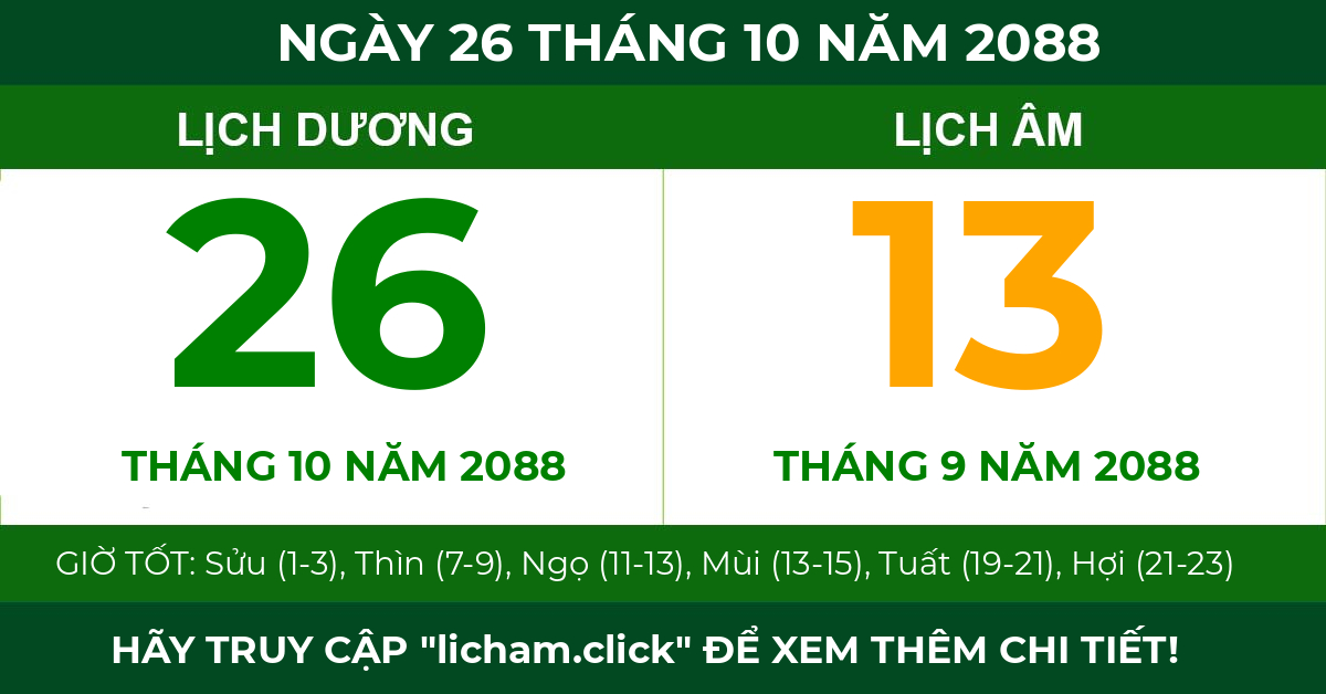 lịch âm ngày 26 tháng 10 năm 2088