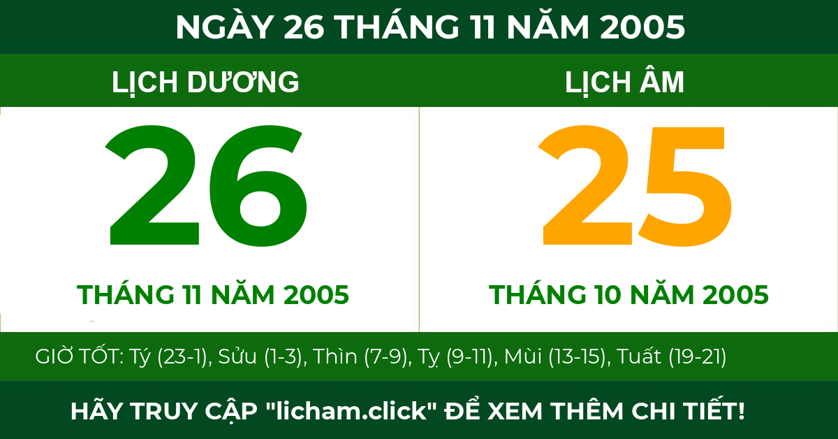 lịch âm ngày 26 tháng 11 năm 2005