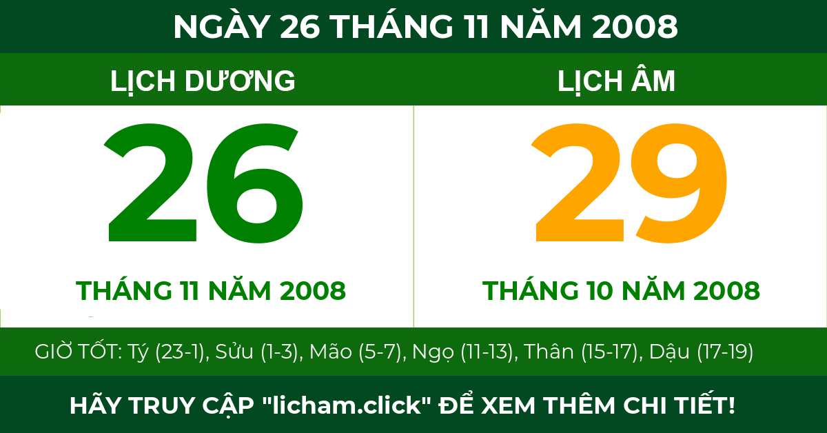 lịch âm ngày 26 tháng 11 năm 2008