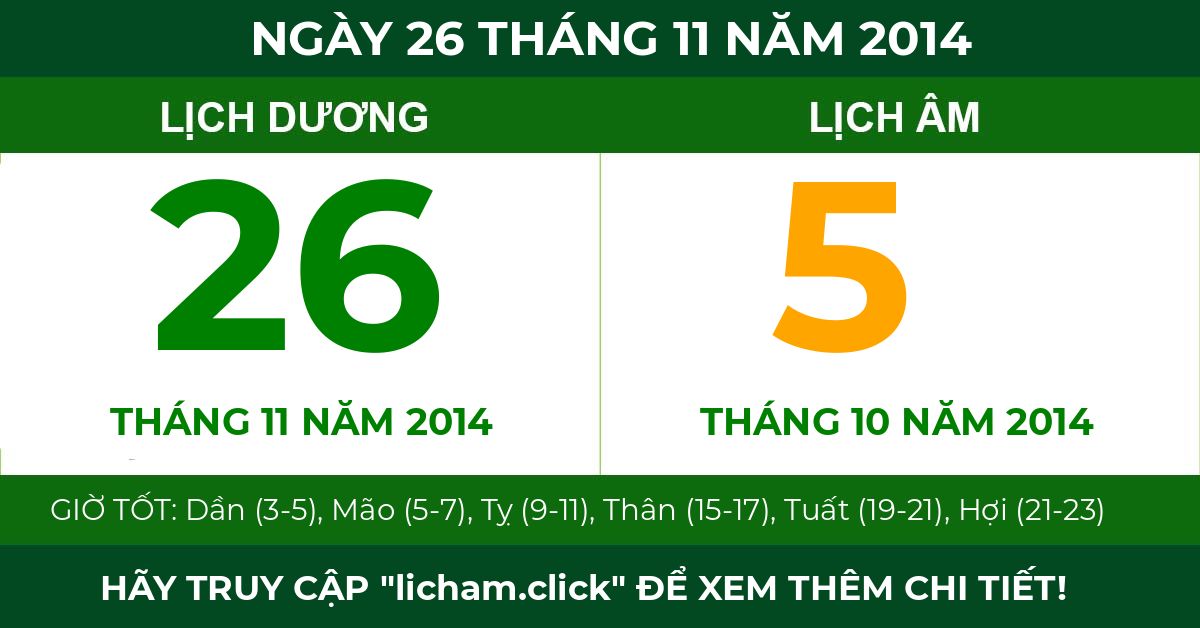 lịch âm ngày 26 tháng 11 năm 2014