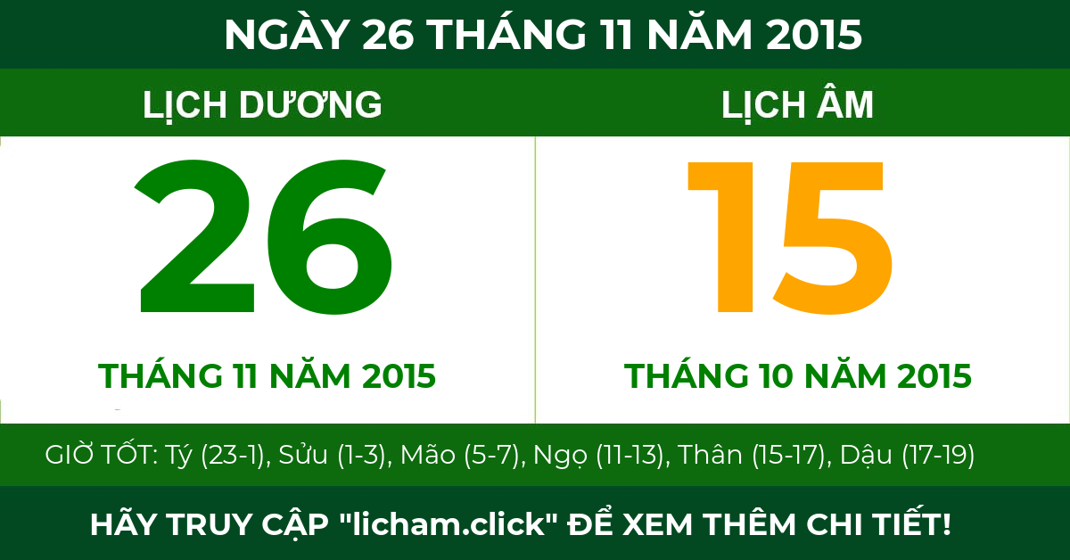 lịch âm ngày 26 tháng 11 năm 2015