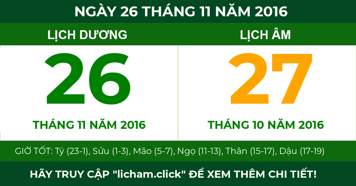 lịch âm ngày 26 tháng 11 năm 2016