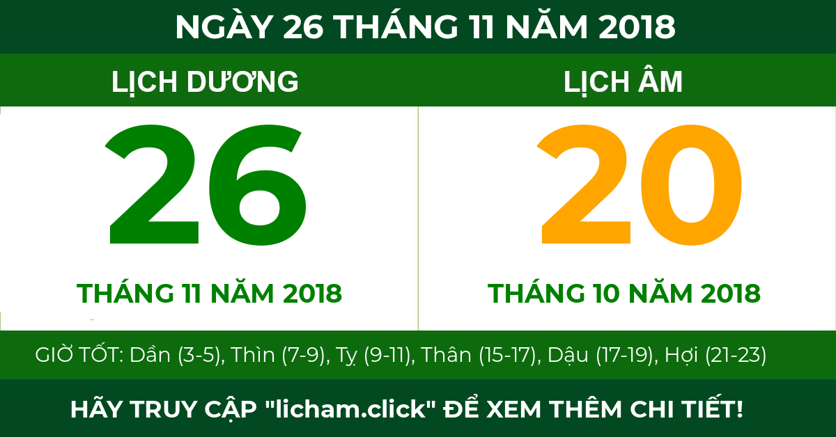 lịch âm ngày 26 tháng 11 năm 2018