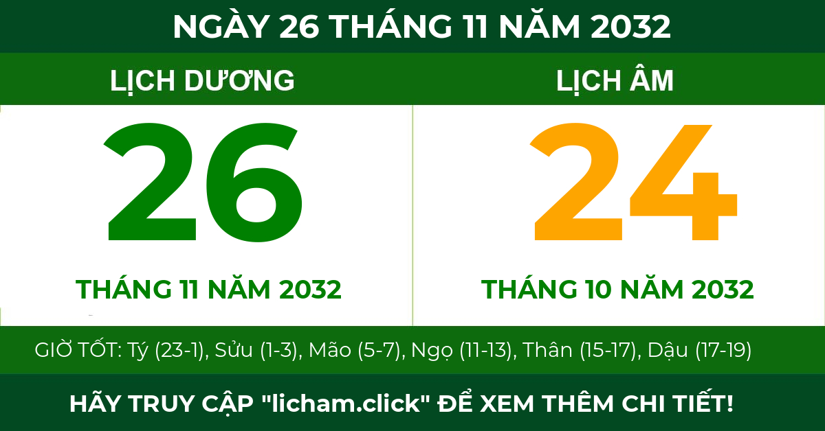 lịch âm ngày 26 tháng 11 năm 2032