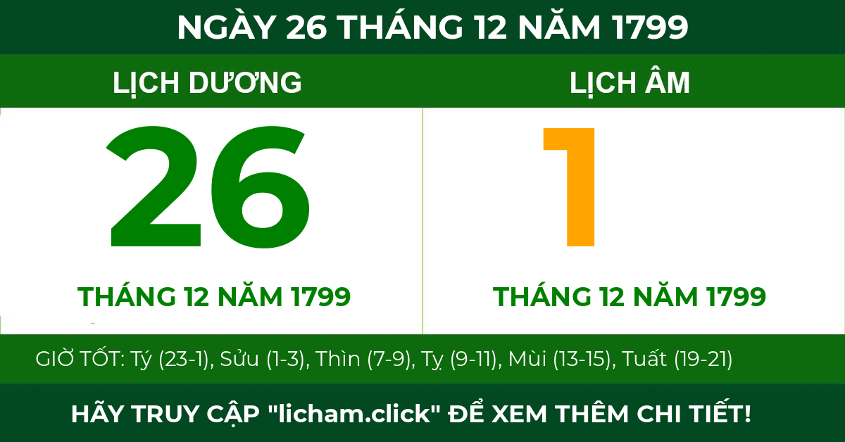 lịch âm ngày 26 tháng 12 năm 1799
